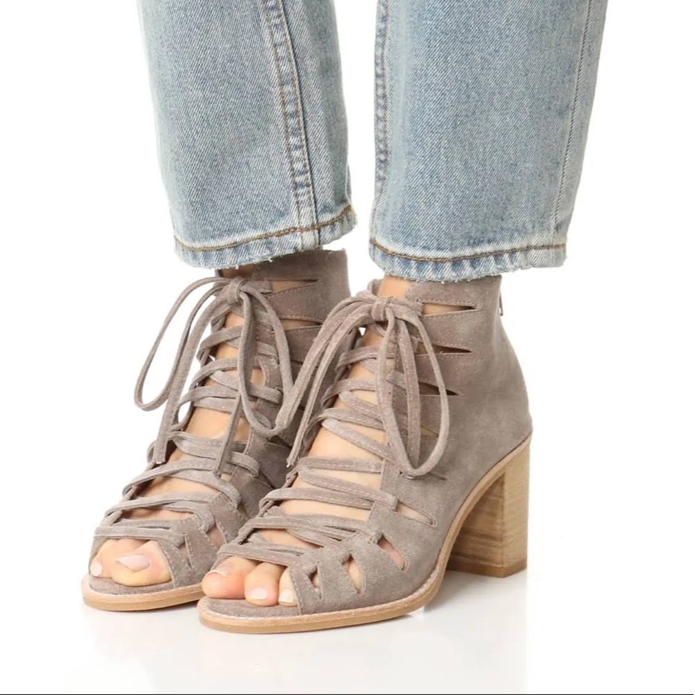 Jeffrey Campbell Corwin Suede Lace-up Peep Toe Booties in Taupe. Sz 8.5